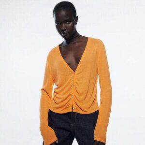 Zara Ribbed Orange Long Sleeves V-Neck Cardigan Sweater Top